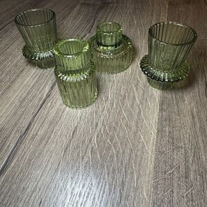 Set of Green Ribbed Glass Candle Holders